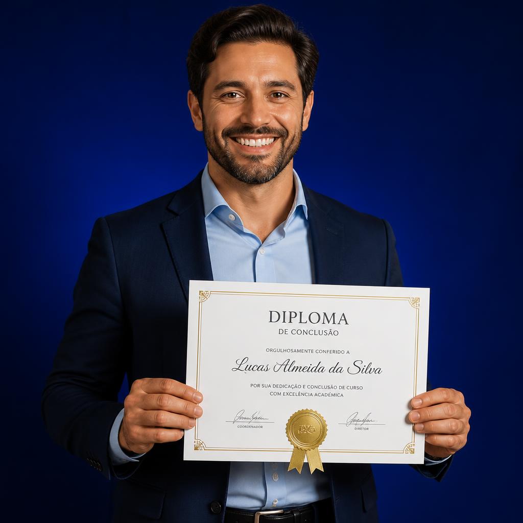 Aluno feliz segurando o certificado de conclusão do supletivo